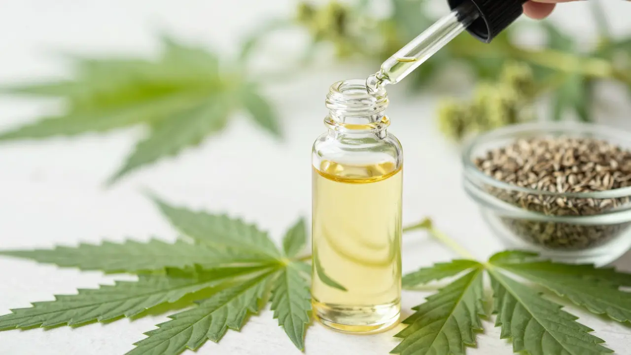 Flasche mit CBD-Öl neben Hanfblättern und Mariendistelsamen