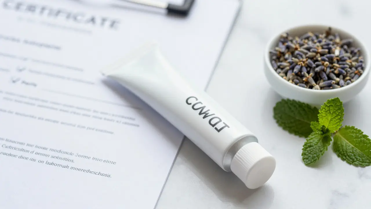Hochwertige CBD-Creme neben Analysebescheinigung auf Marmorplatte