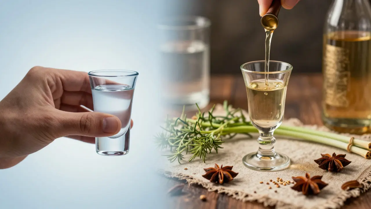 Konzeptbild: Schneller Wodka-Shot vs. rituelle Absinth-Zubereitung