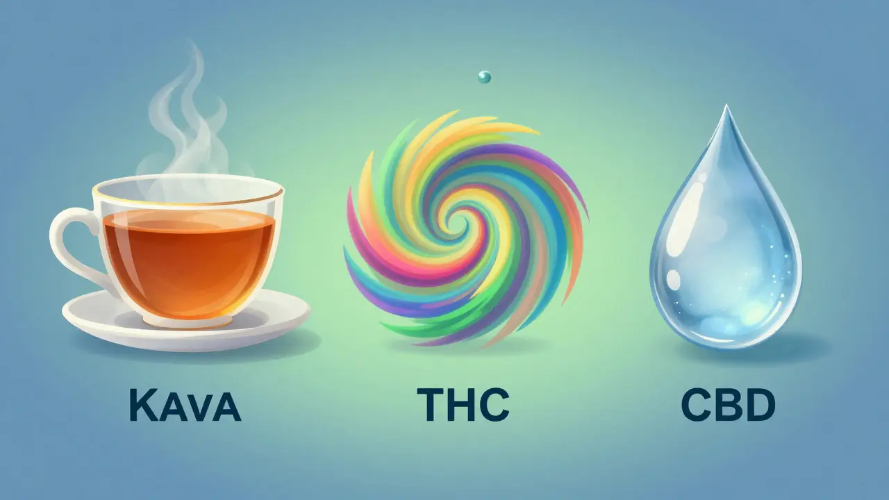 Kunstvolle Darstellung von Kava, THC und CBD als Alkoholalternativen