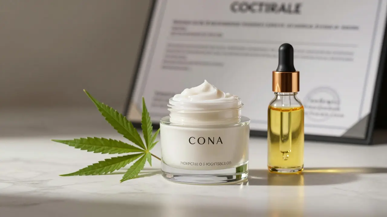 Luxuriöse Creme und Hanfblätter auf Marmor, Symbol für hochwertige Pflege