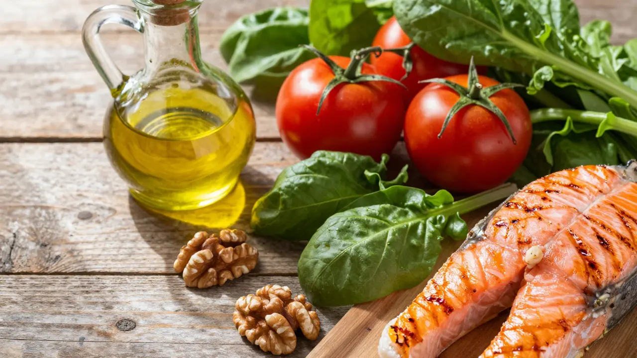 Mediterrane Lebensmittel wie Olivenöl, Fisch und Gemüse auf Holz