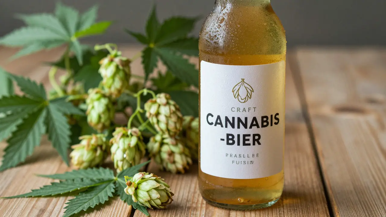 Nahaufnahme einer Flasche Cannabis-Bier neben Hopfen und Hanfpflanzen