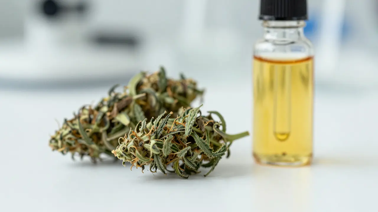 Nahaufnahme von Hanfblüten und CBD-Öl im Laborstil