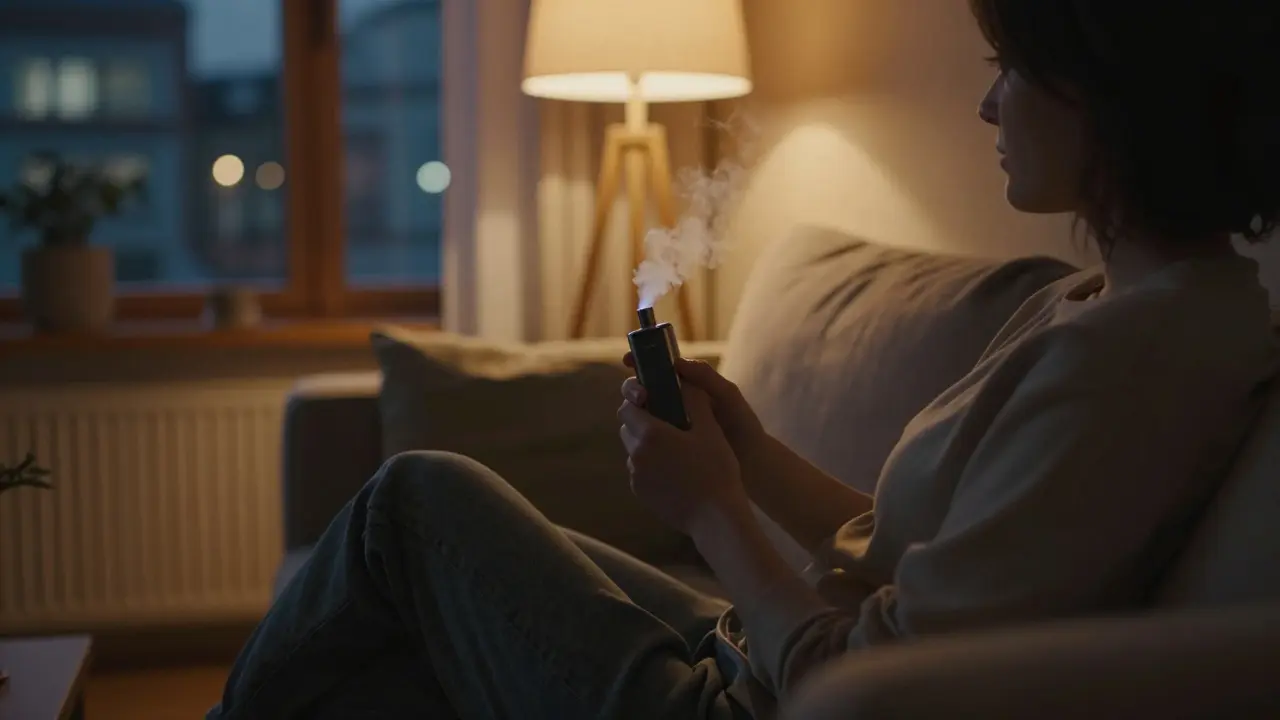 Person entspannt auf dem Sofa mit einem Vaporizer in einem gemütlichen Wohnzimmer.