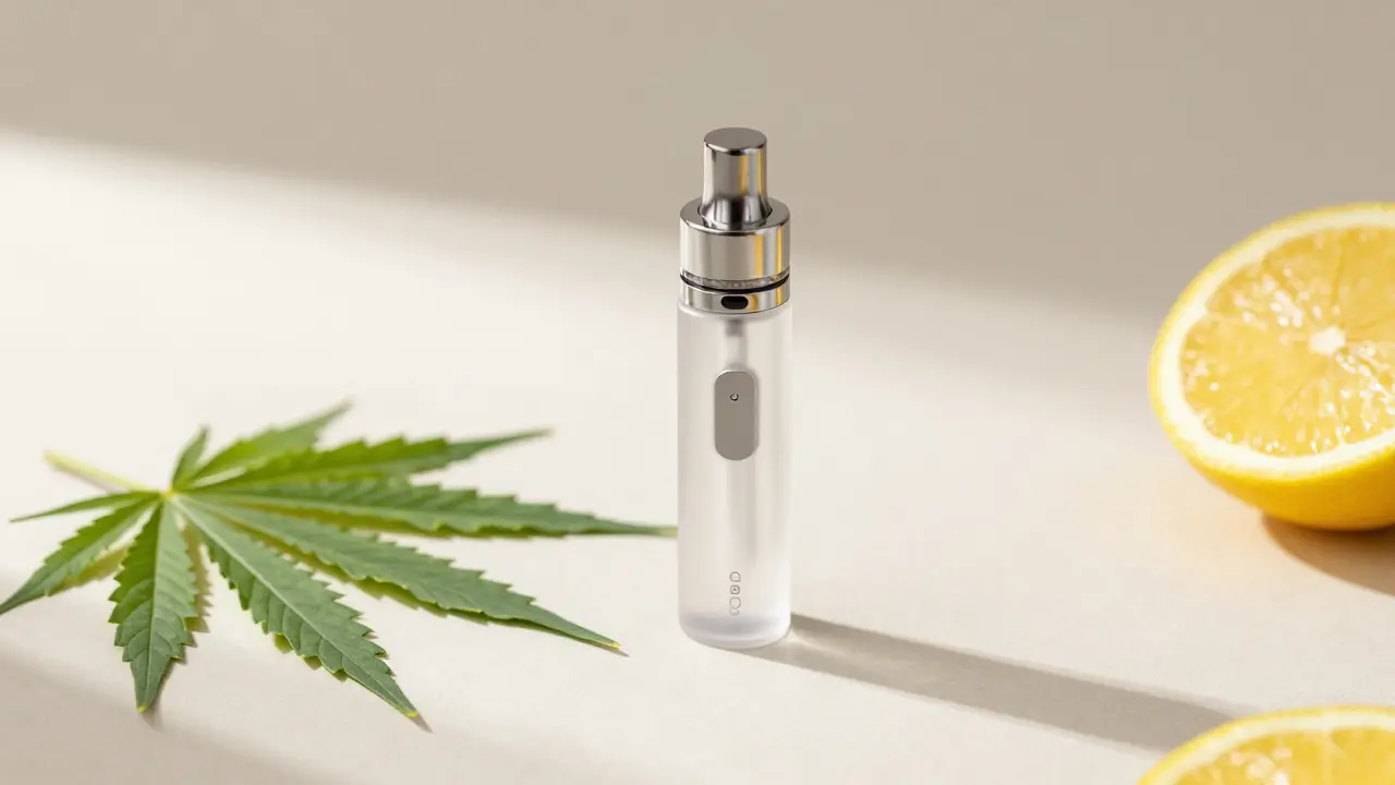 Sleekes CBD-Vape-Gerät neben Hanfblättern und Zitrusfrüchten bei Tageslicht
