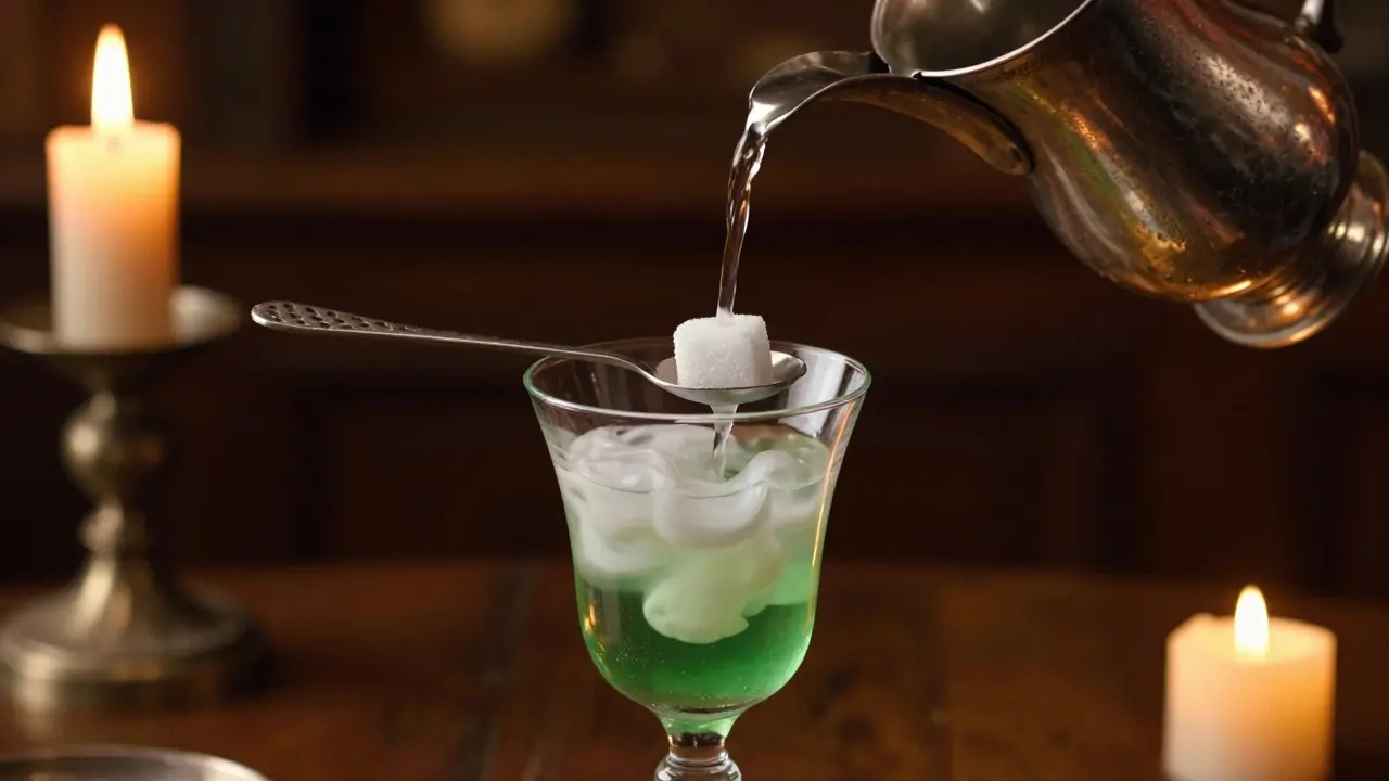 Traditionelle Zubereitung von Absinth mit Wasser und Zuckerlöffel