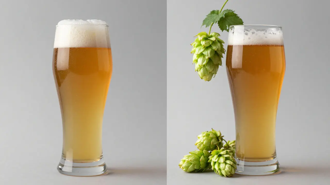 Vergleich von trübem Weißbier und klarer IPA im Split-Screen