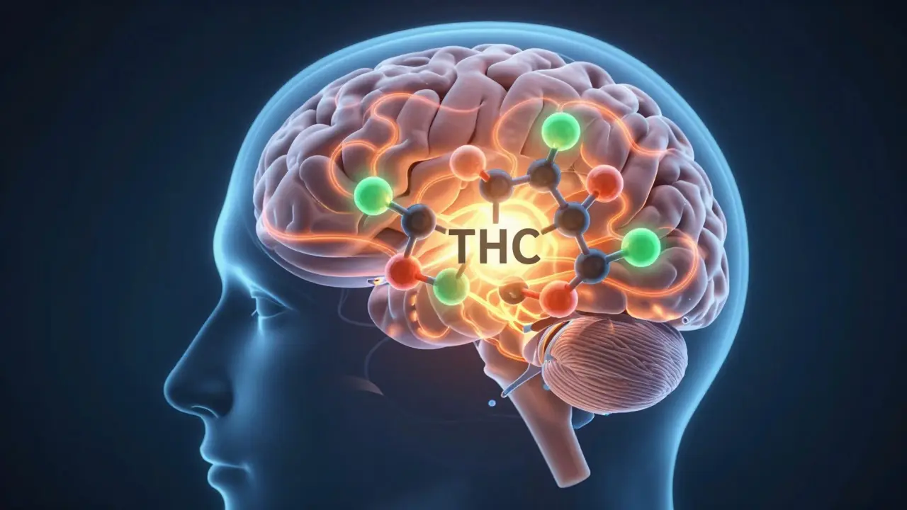 Abstrakte Darstellung der Wechselwirkung von THC und Alkohol im Gehirn