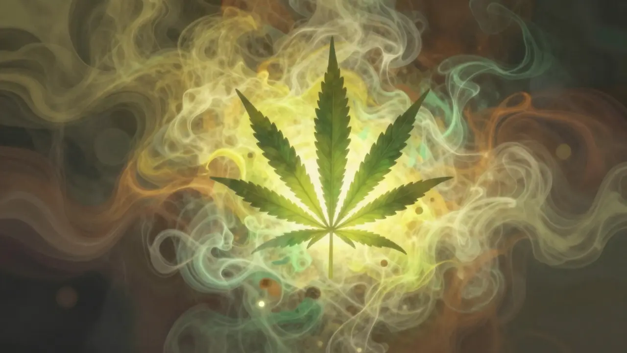 Abstrakte Darstellung von Terpenen und Aroma-Wolken um ein Blatt