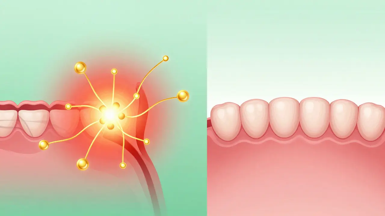 Abstrakte Illustration der entzündungshemmenden Wirkung von CBD auf Zahnfleischzellen