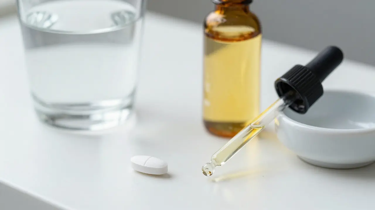 Benadryl-Tablette und CBD-Ölflasche nebeneinander auf weißem Tisch
