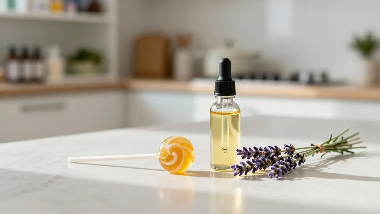 CBD-Lutscher, Ölflasche und Lavendel auf einer hellen Küchenarbeitsplatte
