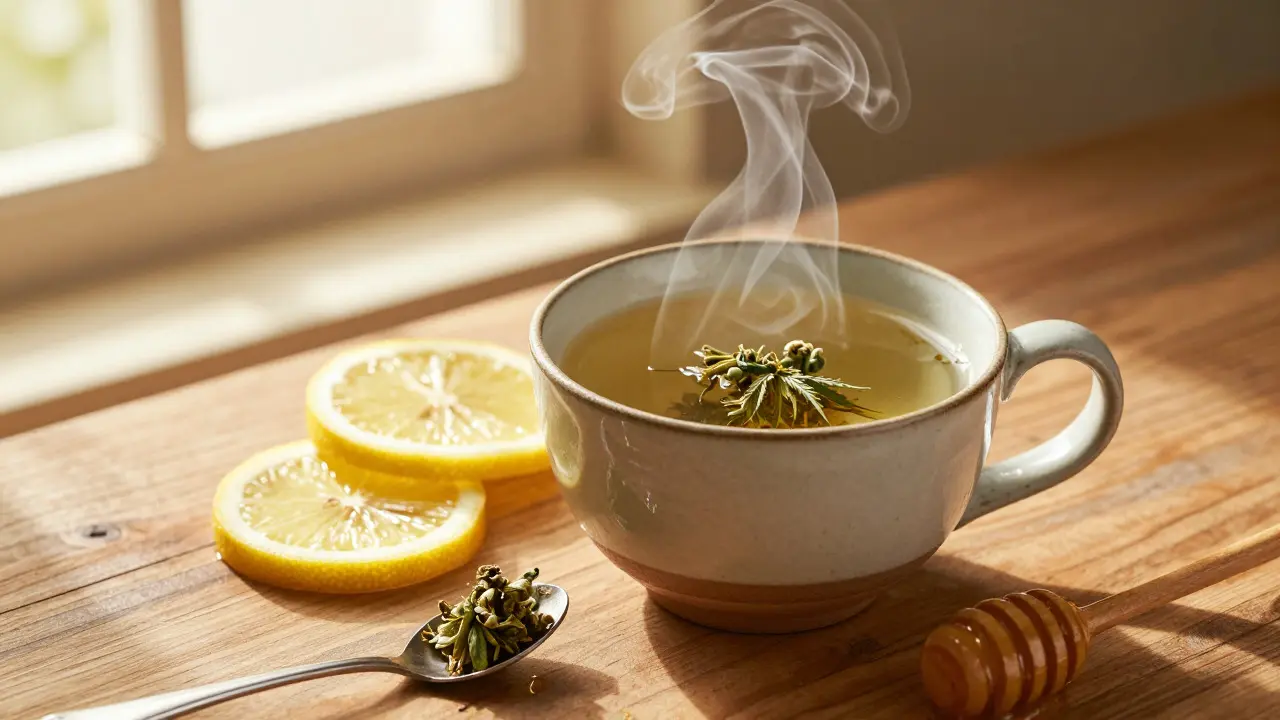 Dampfteetasse mit Hanfblüten, Zitrone und Honig auf Holz