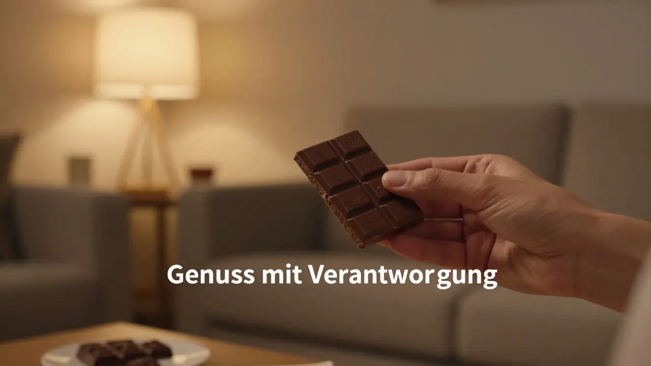 Hand hält ein Stück Schokolade in einem gemütlichen Abendambiente