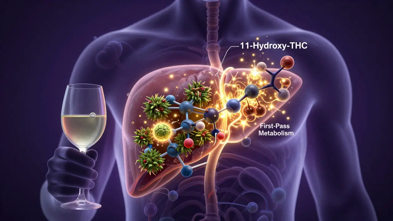 Illustration der Lebermetabolisierung von THC im Körper