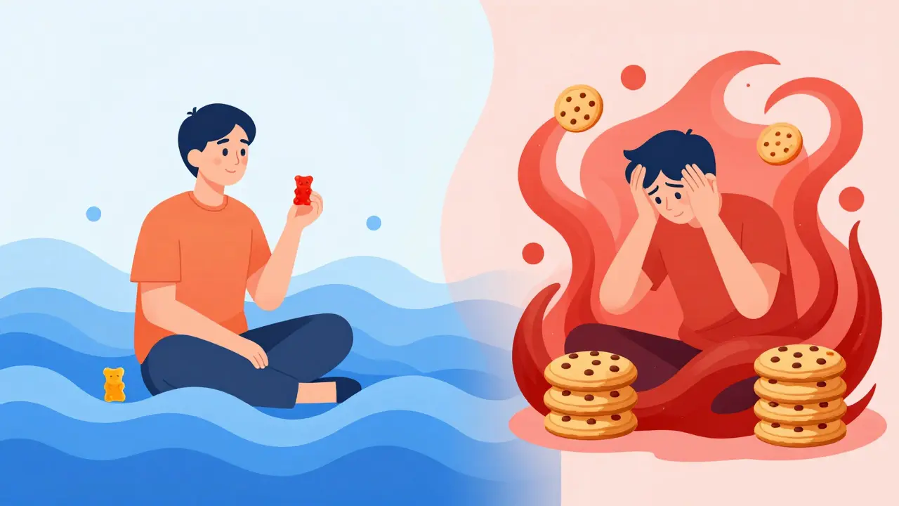 Illustration zeigt richtige vs. falsche CBD-Dosierung bei Leckereien