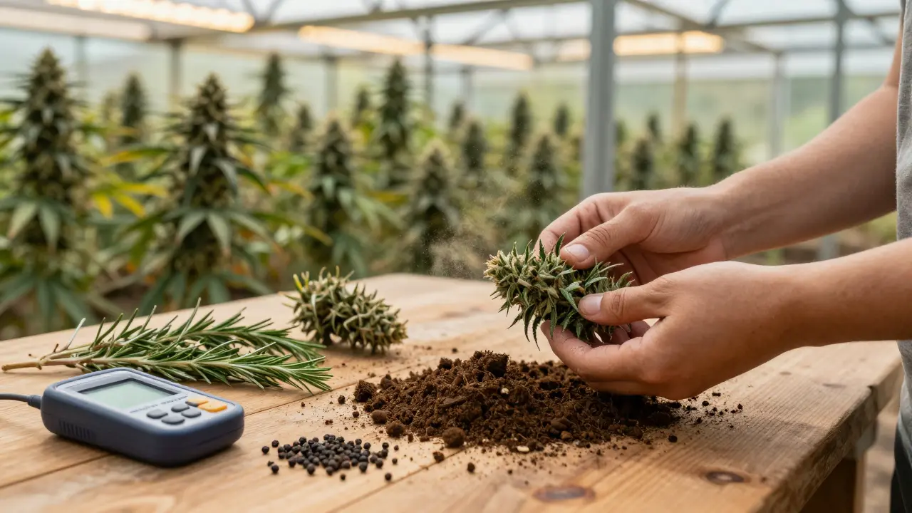 Kannabis-Anbau im Gewächshaus mit Erde und Kräutern, die den Einfluss von Terroir zeigen
