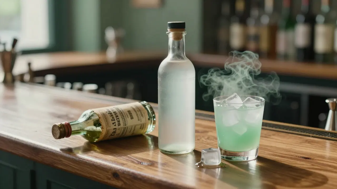 Kontrast zwischen verbotener Vintage-Flasche und modernem, legalem grünen Absinth