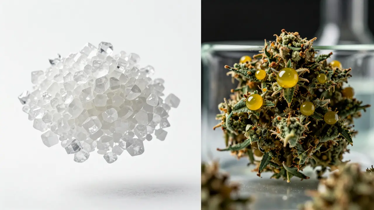 Konzeptioneller Vergleich von reinem CBD-Kristall und THC-Verunreinigungen auf Fettzellen