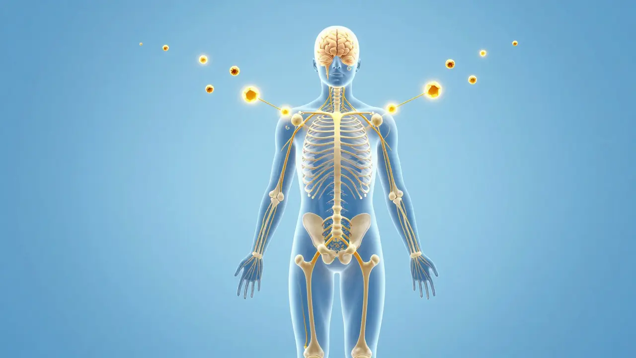 Konzeptuelle Darstellung des Endocannabinoid-Systems mit leuchtenden Rezeptoren und CBD-Molekülen