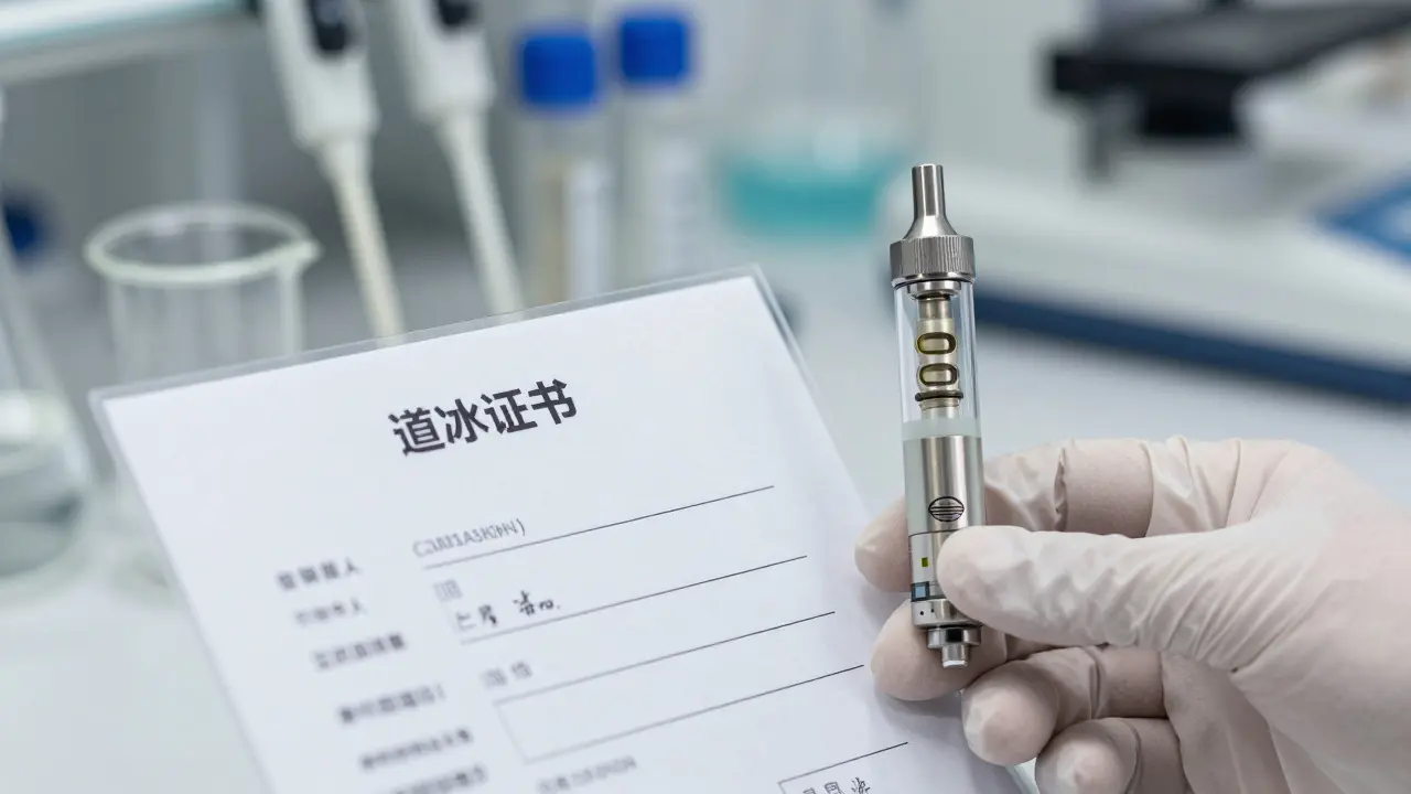 Laborhandschuh mit Zertifikat neben einer hochwertigen Vape-Kartusche