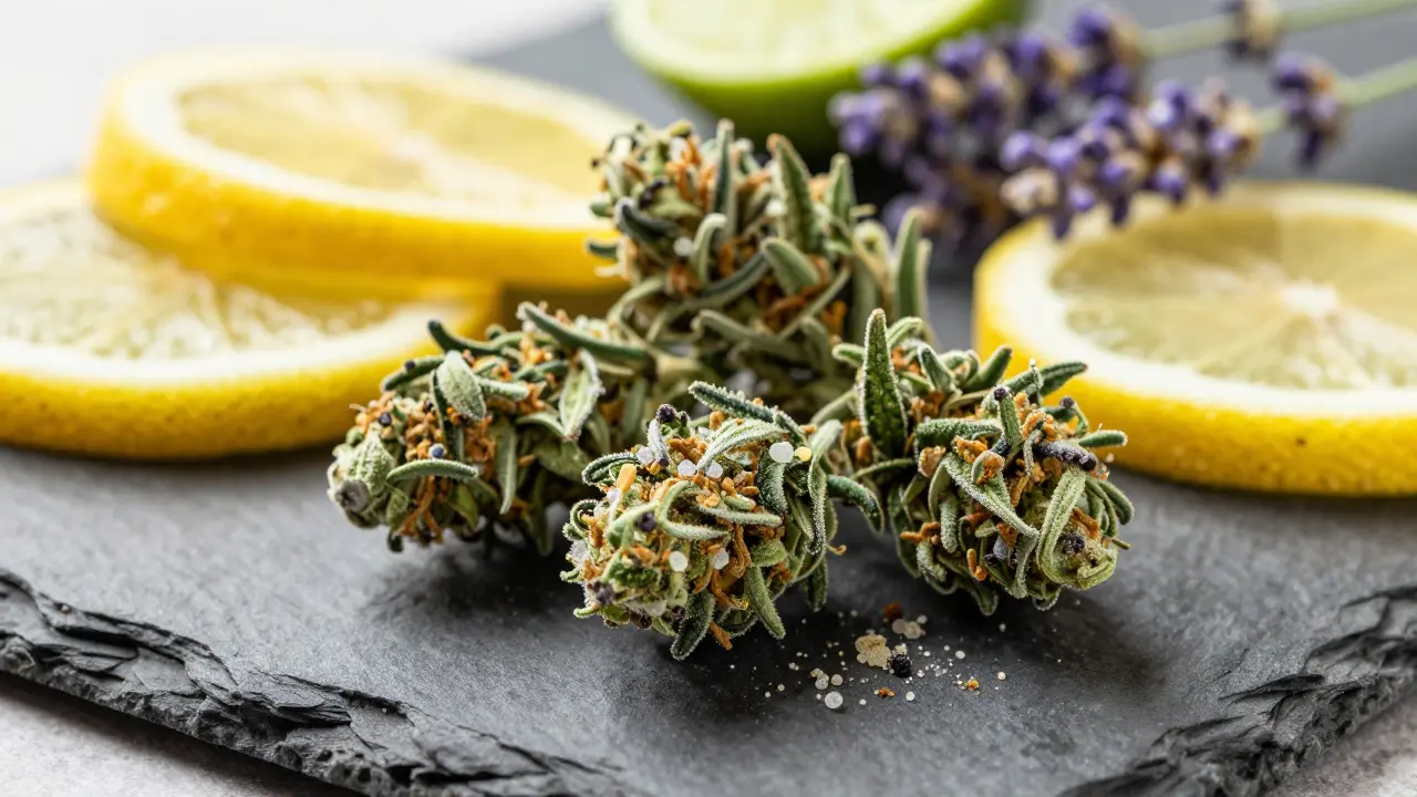 Nahaufnahme von CBD Crumble mit Zitrusfrüchten und Lavendel