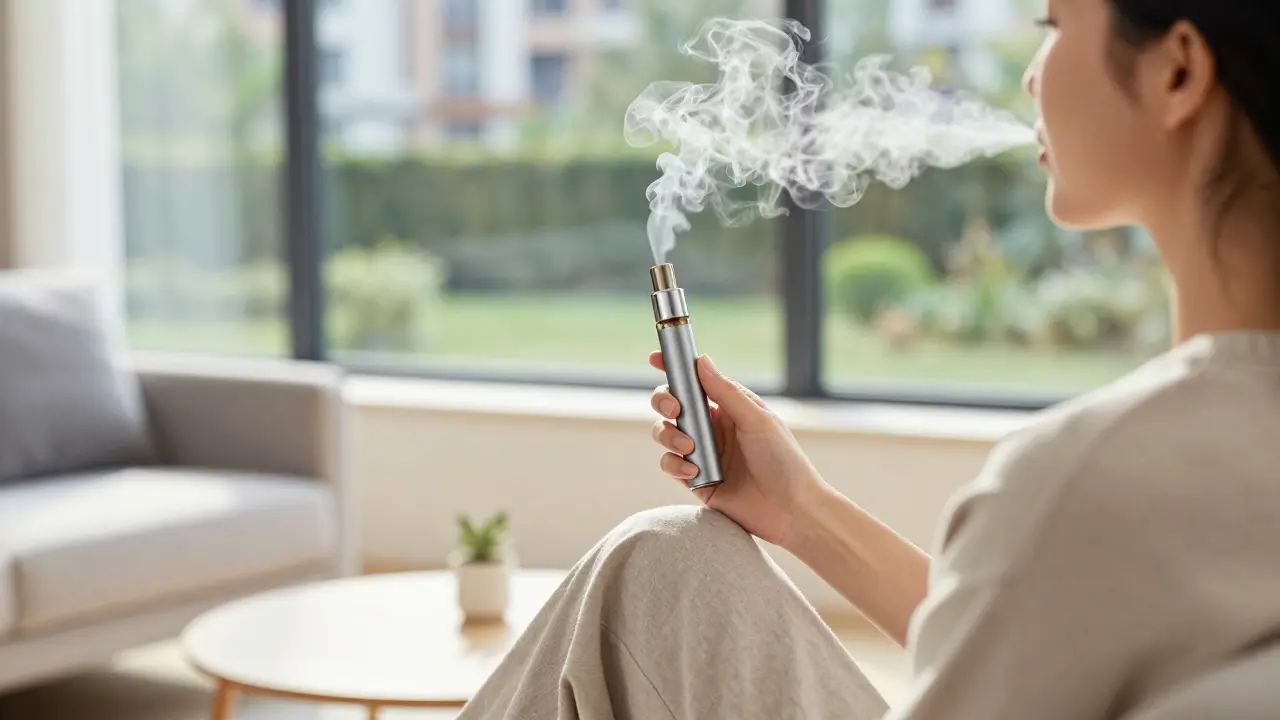 Person entspannt mit Vaporizer für CBD-Hash im hellen Wohnzimmer