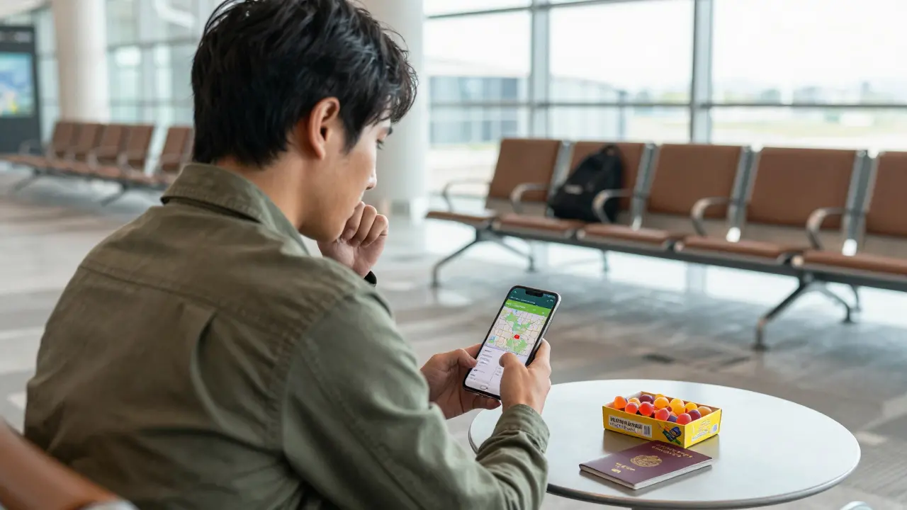 Reisender prüft auf Smartphone Gesetze vor dem Flug mit Cannabinoid-Produkten