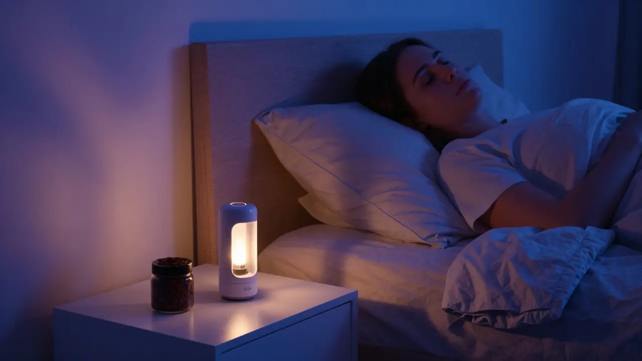 Ruhige Schlafzimmer-Szene mit CBD-Vaporizer beim Einschlafen