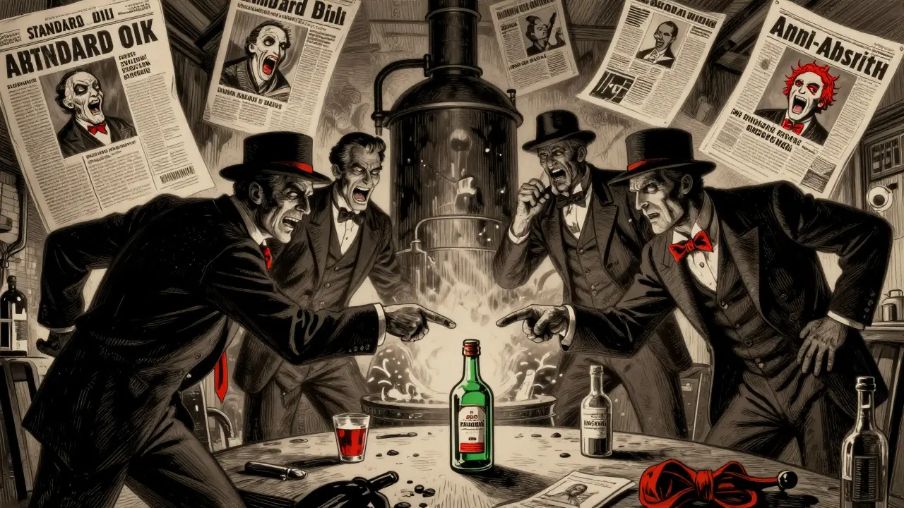 Satirische Illustration der Industriellen-Kampagne gegen Absinth im frühen 20. Jahrhundert