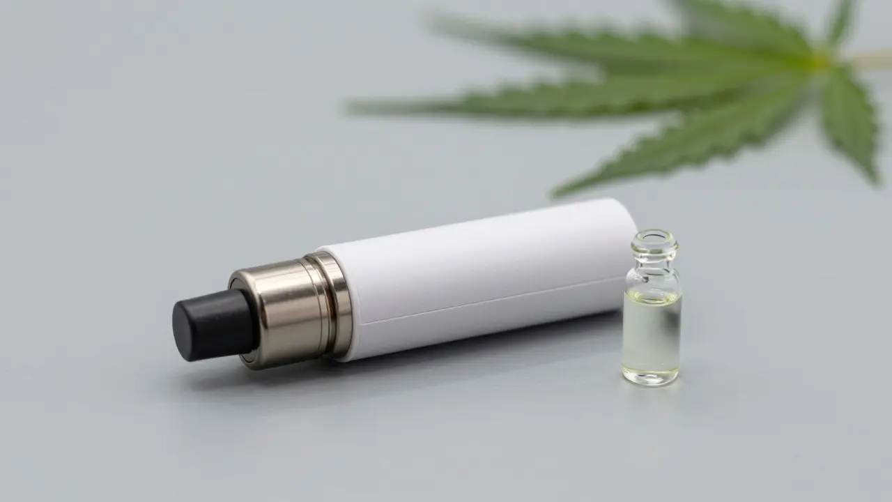 Sleek Vape-Kartusche auf Batterie neben Ölflasche im Studio-Licht