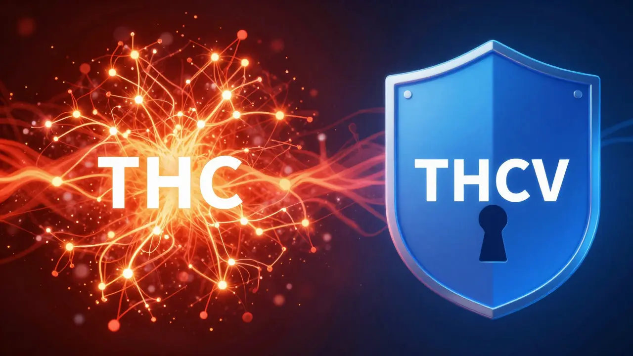Abstrakte Darstellung: THC aktiviert Rezeptoren chaotisch, THCV blockiert sie klar