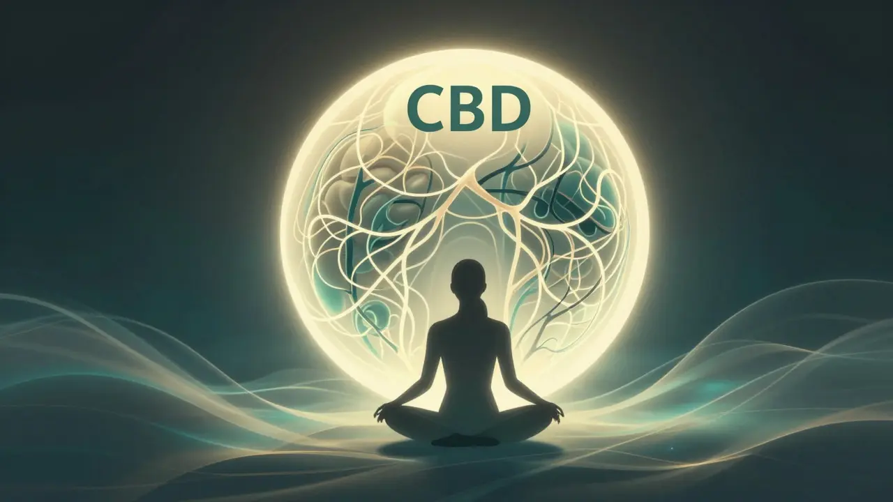 Abstrakte Illustration einer Person, die eine große leuchtende Kugel hält, die CBD darstellt