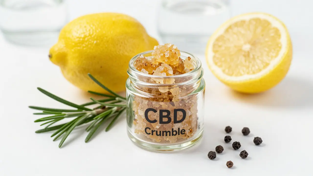 CBD-Crumble im Glas neben Zitrusfrüchten und Gewürzen zur Darstellung von Terpenen