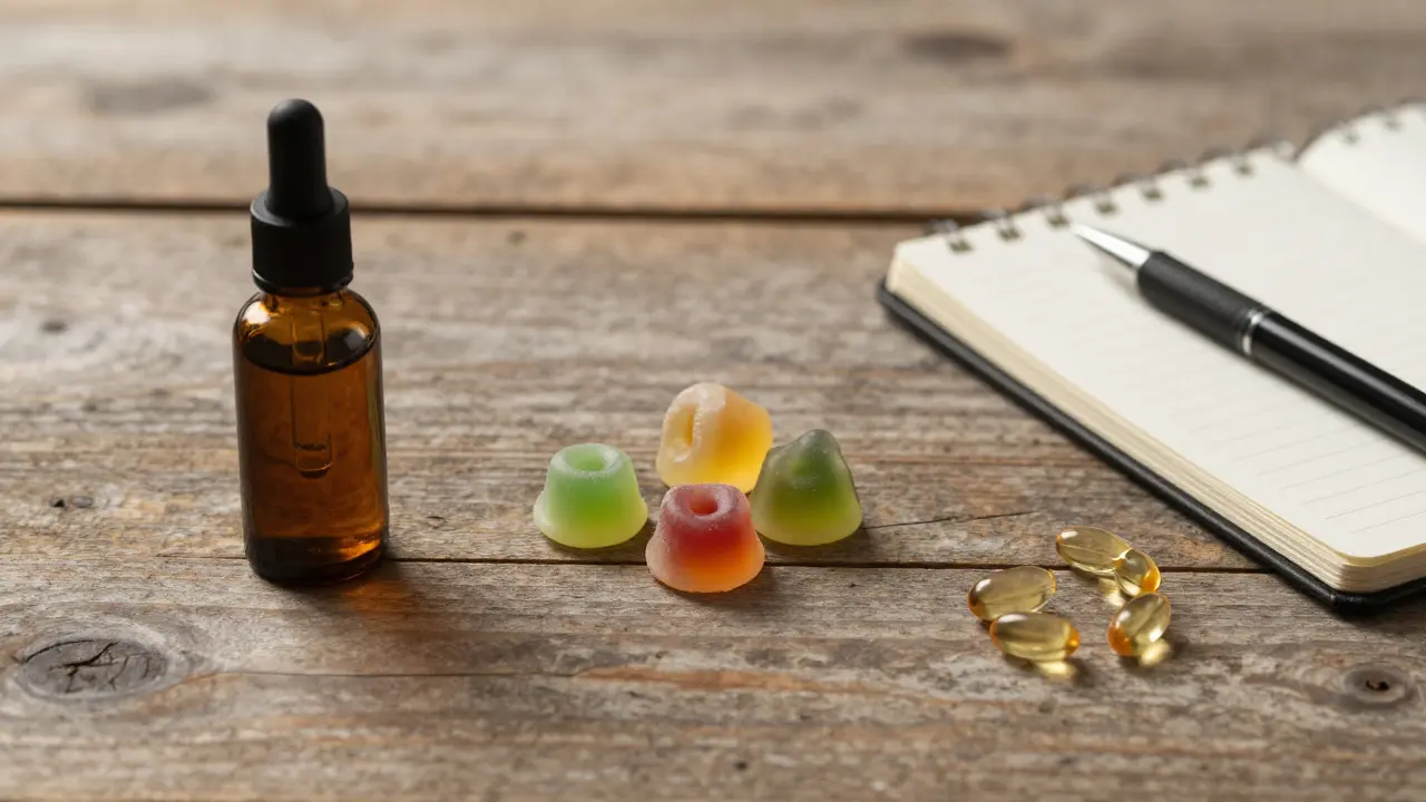 CBD-Gummis, ein Öl-Tropfer und Kapseln arrangiert auf einer Holzoberfläche