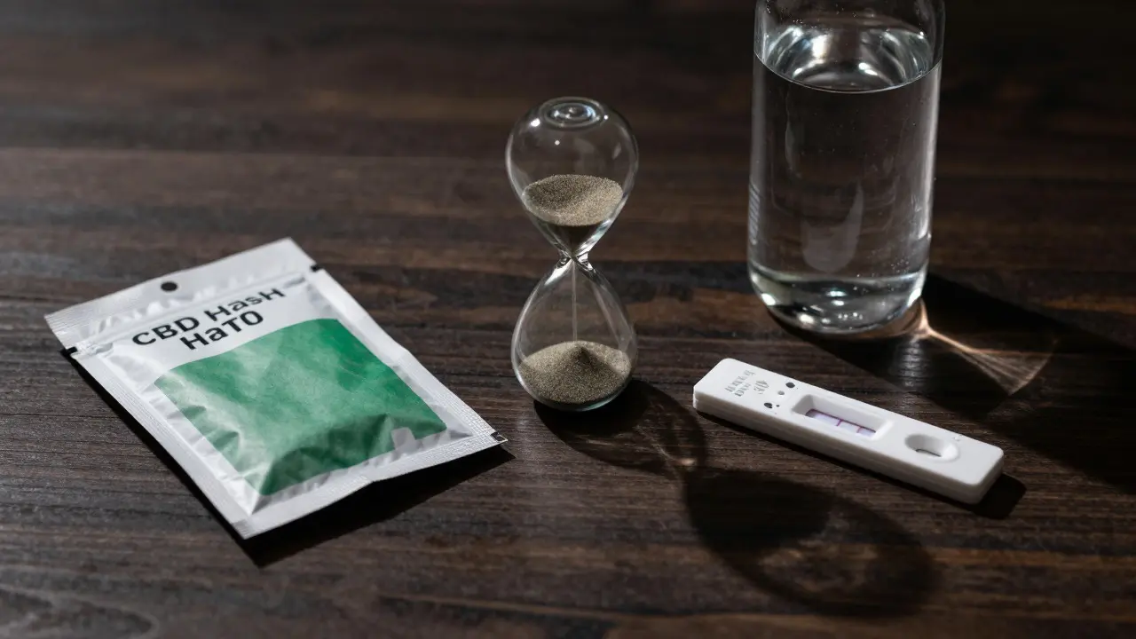 CBD-Hash neben positivem Drogenteststreifen und Sanduhr als Symbol für Risiko