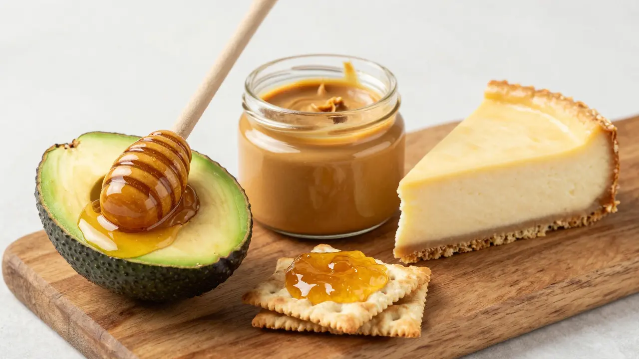Close-up of avocado, peanut butter, and cheesecake on a wooden board