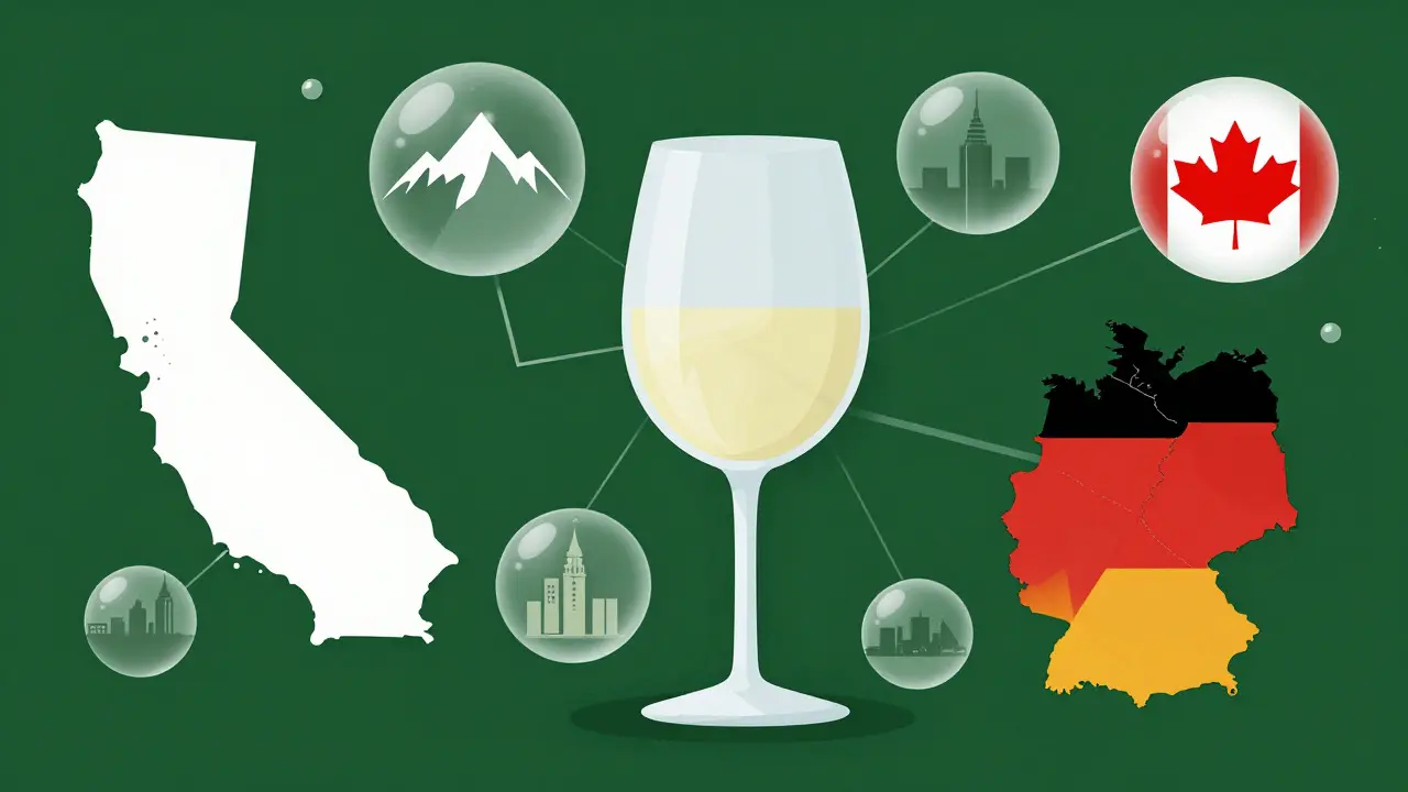 Conceptual art showing global wine regions around a glass