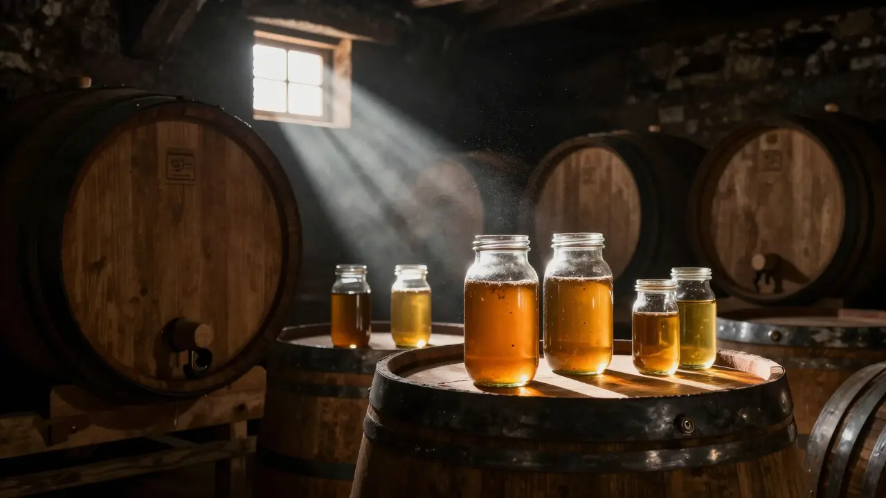 Dark cellar with wine barrels and jars of hemp oil