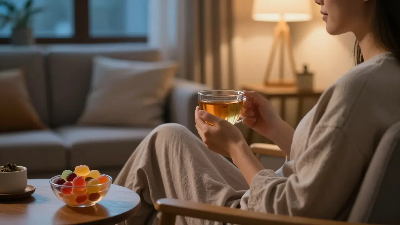 Eine entspannte Person sitzt abends im Sessel und hält eine Tasse Tee neben einer Schale Gummis
