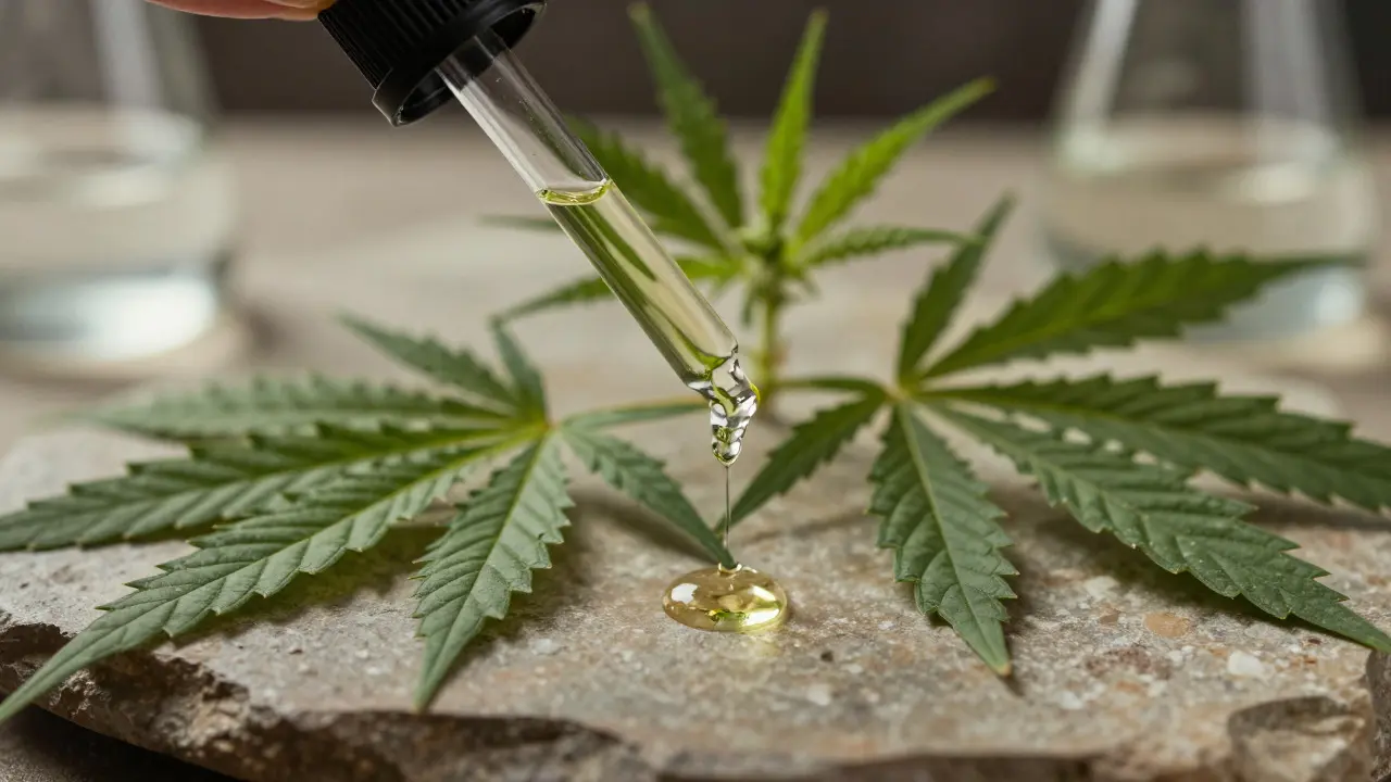 Frisches Hanfblatt mit Tropfen CBD-Öl, Symbol für Qualität und Natur