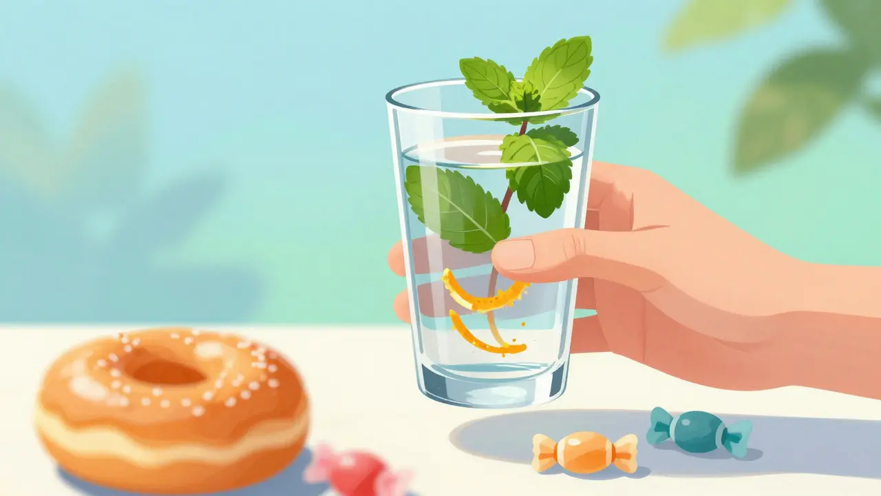 Hand holding a glass of water with mint, avoiding fried snacks