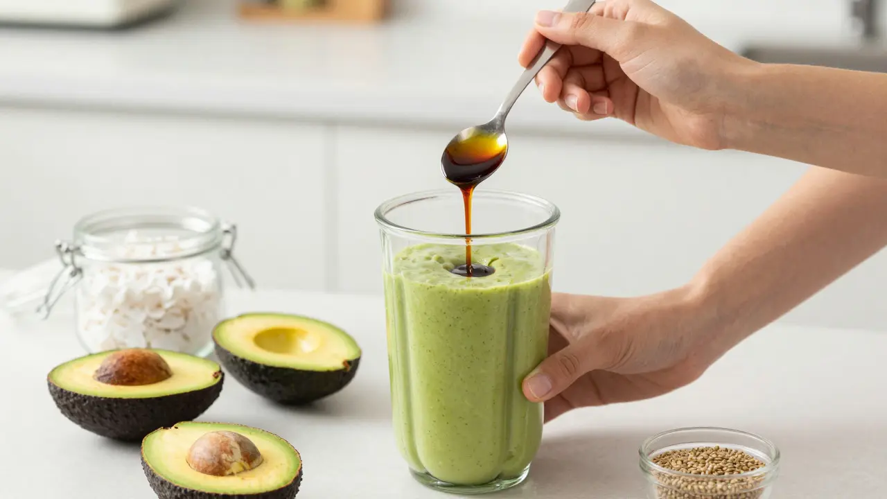 Hände fügen Cannabis-Öl zu einem grünen Avocado-Smoothie im Mixer hinzu