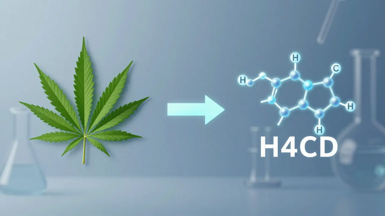 Konzeptuelle Darstellung der chemischen Umwandlung von CBD zu H4CBD