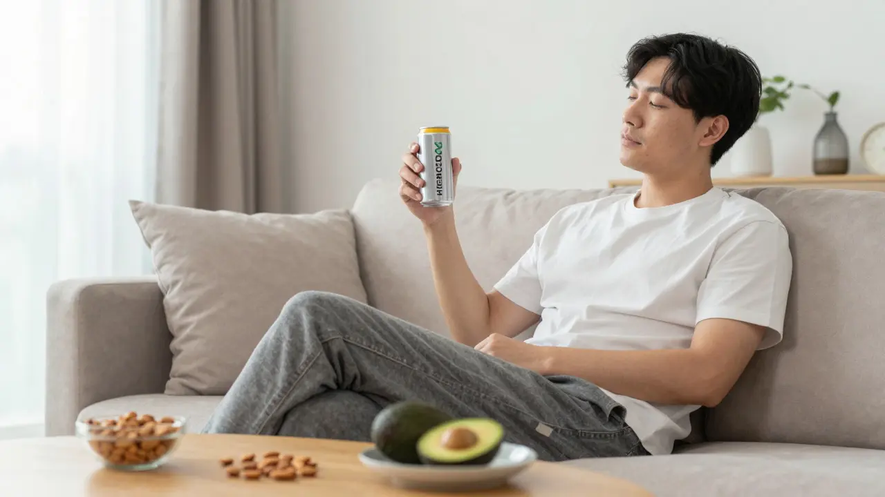 Person entspannt auf dem Sofa mit einem Getränk und gesunden Snacks im Hintergrund.
