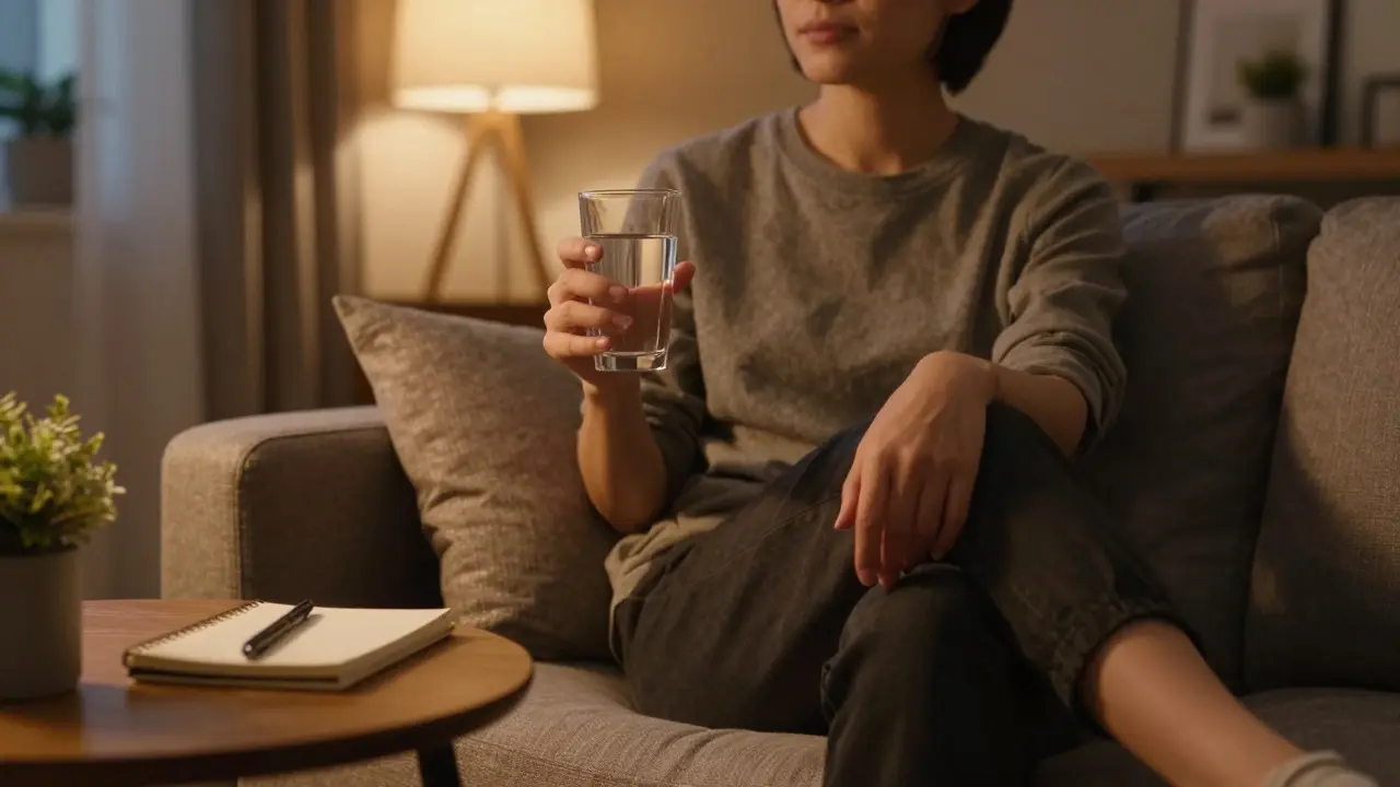 Person sitzt abends entspannt auf dem Sofa mit Wasser und Notizbuch