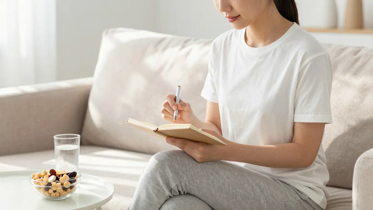 Person sitzt entspannt auf einem Sofa und beobachtet sich selbst, während sie ein Notizbuch führt