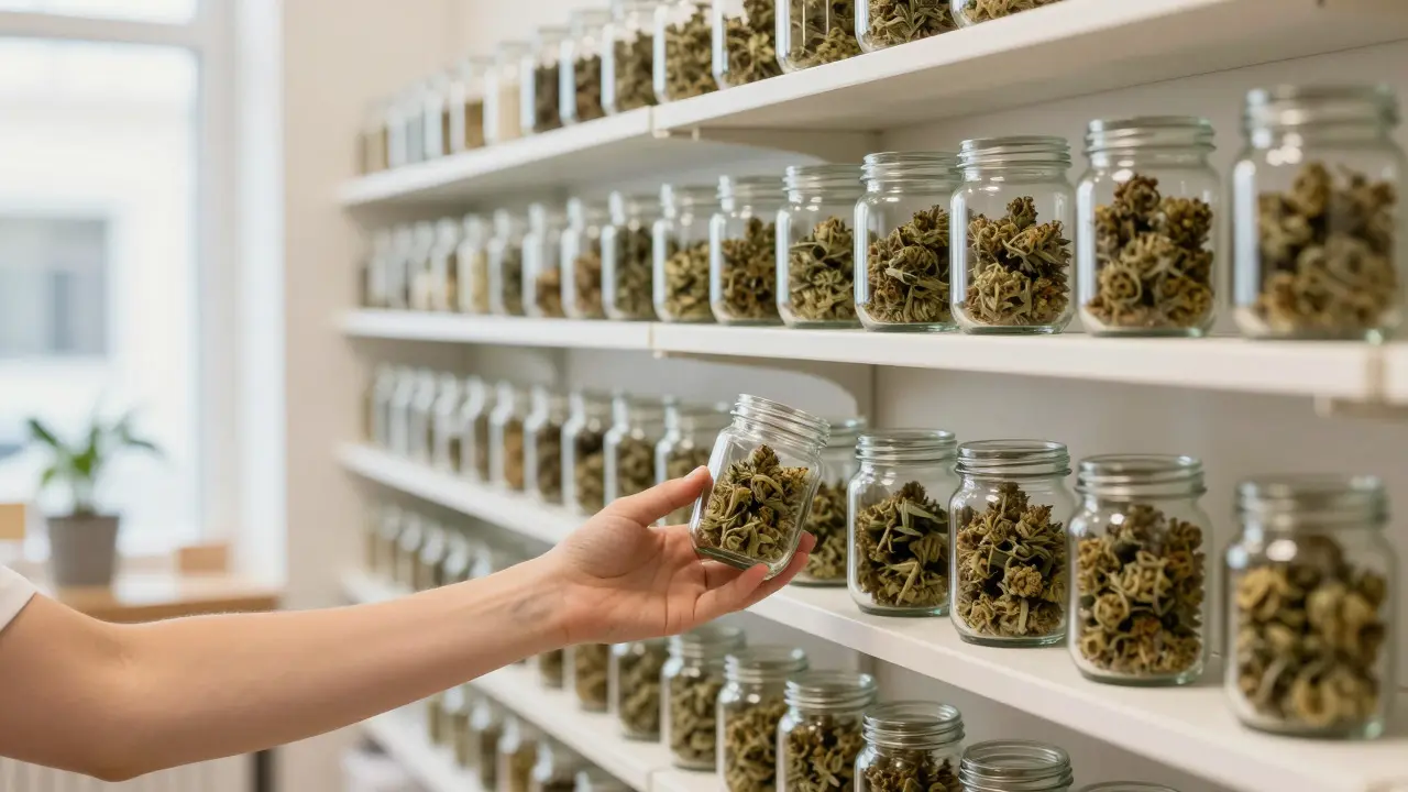 Regal in einem modernen Cannabis-Shop mit verschiedenen Blütenformaten