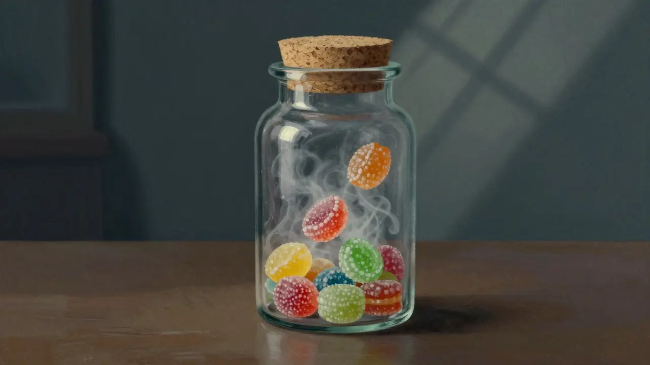 Sealed glass jar with floating candies in misty, dark conceptual setting
